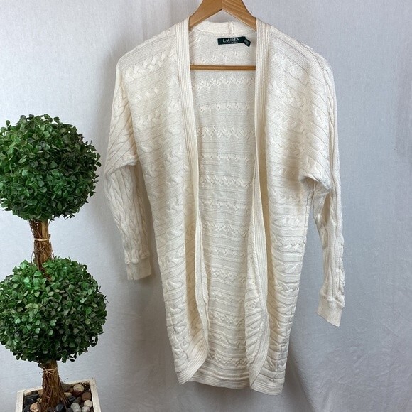 Ralph Lauren White Cable Knit Open Front Cardigan Sweater S/M - Picture 1 of 6